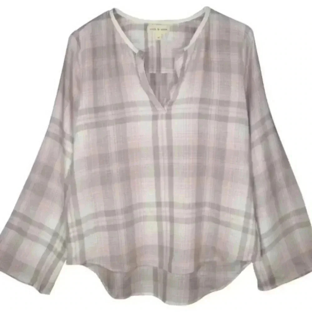 Anthropologie Cloth & Stone Pink Gray White Plaid Popover SOFT Size Small
